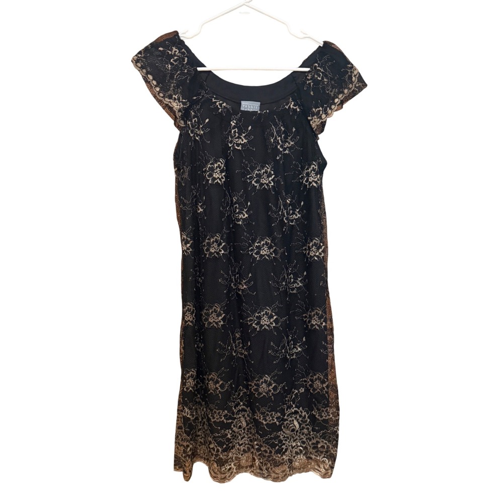 Rabbit Rabbit Designs Lace Shift Dress 10 Black Gold Excellent Flutter Sleeve